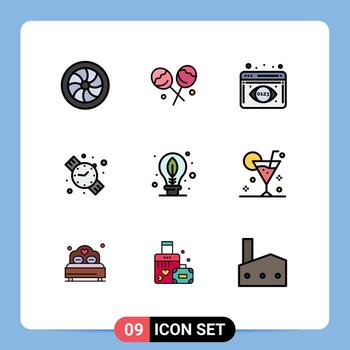 grupo de 9 colores planos de línea de relleno modernos establecidos para el análisis de datos de bulbos de playa día reloj de mano elementos de diseño de vectores editables