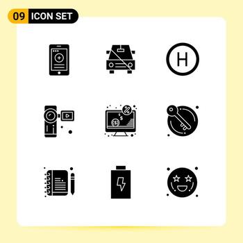Solid Glyph Pack of 9 Universal Symbols of dollar video camera slash video camcorder Editable Vector Design Elements