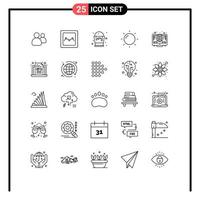 Mobile Interface Line Set of 25 Pictograms of laptop investment color global sun Editable Vector Design Elements