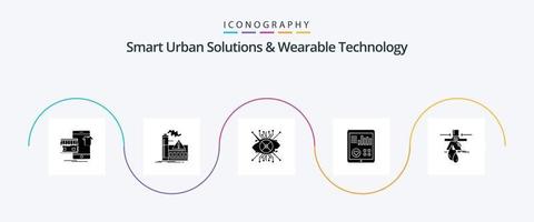 soluciones urbanas inteligentes y paquete de iconos de glifo 5 de tecnología portátil que incluye el corazón. supervisión. alerta. lente. cibernético vector