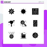 Pack of 9 Modern Solid Glyphs Signs and Symbols for Web Print Media such as search money tool wedding balloon Editable Vector Design Elements