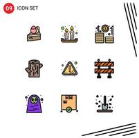 9 User Interface Filledline Flat Color Pack of modern Signs and Symbols of attention alert business wood log Editable Vector Design Elements