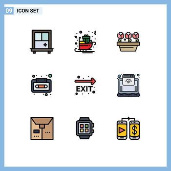 paquete de 9 colores planos creativos de línea de llenado de elementos de diseño vectorial editables de casete de salida de planta de salida de incendio de navegación vector
