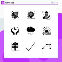 Set of 9 Modern UI Icons Symbols Signs for rain eid charity cresent hand Editable Vector Design Elements