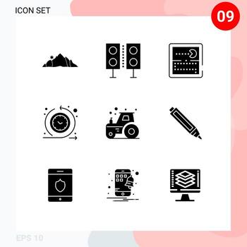 conjunto de 9 glifos sólidos vectoriales en la cuadrícula para el proceso de tiempo elementos de diseño de vectores editables pacman de tiempo de ciclo de altavoz regular
