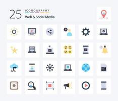 Web And Social Media 25 Flat Color icon pack including setting. cog. share. watch. play vector