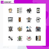 Pack of 16 Modern Flat Color Filled Lines Signs and Symbols for Web Print Media such as analytics device emojis award message Editable Creative Vector Design Elements