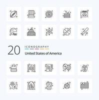 paquete de iconos de 20 líneas de estados unidos como globos de día de entrada de fiesta de comida vector