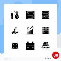 Pack of 9 creative Solid Glyphs of marketing business money power water Editable Vector Design Elements