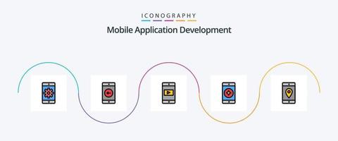 la línea de desarrollo de aplicaciones móviles llenó el paquete de iconos planos 5 que incluye la aplicación móvil. solicitud. solicitud. aplicación movil. móvil favorito vector