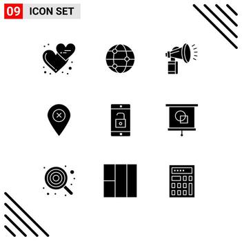 9 Thematic Vector Solid Glyphs and Editable Symbols of application navigation air map horn Editable Vector Design Elements