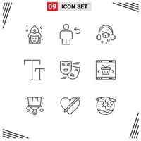 Mobile Interface Outline Set of 9 Pictograms of comedy text human caps graduation Editable Vector Design Elements