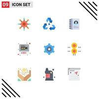 Pack of 9 Modern Flat Colors Signs and Symbols for Web Print Media such as gear recording garbage record user Editable Vector Design Elements