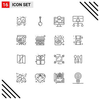 Group of 16 Modern Outlines Set for graph management computer leadership business Editable Vector Design Elements