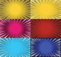 Comic book colorful frames background with halftone rays radial and dotted effects pop art style vector