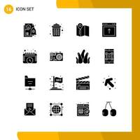 Pack of 16 creative Solid Glyphs of schedule calendar location website browser Editable Vector Design Elements