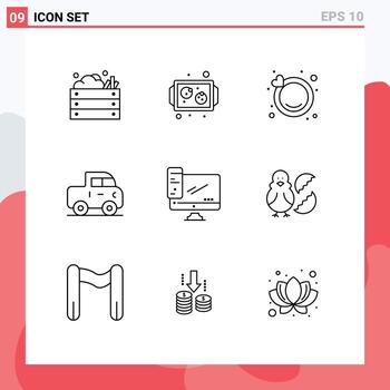 9 Universal Outlines Set for Web and Mobile Applications device computer tray pickup car Editable Vector Design Elements