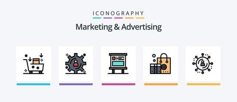 la línea de marketing y publicidad llenó el paquete de 5 iconos, incluida la comunicación. papel. marketing. documento. red de mercadeo diseño de iconos creativos vector