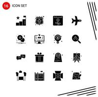 Group of 16 Modern Solid Glyphs Set for notification transport banking takeoff investment Editable Vector Design Elements