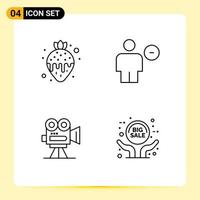 Mobile Interface Line Set of 4 Pictograms of dessert camera strawberry fondue delete film Editable Vector Design Elements