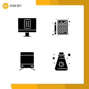 Mobile Interface Solid Glyph Set of 4 Pictograms of control train accounting chart cream Editable Vector Design Elements