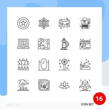 User Interface Pack of 16 Basic Outlines of laptop book internet tag barcode Editable Vector Design Elements