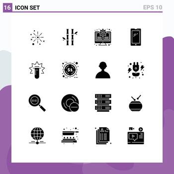 Mobile Interface Solid Glyph Set of 16 Pictograms of smart phone update forest system gear Editable Vector Design Elements