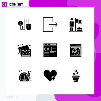 Group of 9 Solid Glyphs Signs and Symbols for browser images accomplished travel camera Editable Vector Design Elements
