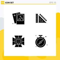 Pack of 4 creative Solid Glyphs of gallery ruler photography construction illumination Editable Vector Design Elements