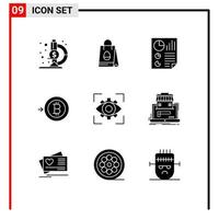 Pack of 9 creative Solid Glyphs of imagination eyesight data money bitcoin Editable Vector Design Elements