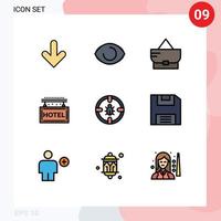 9 User Interface Filledline Flat Color Pack of modern Signs and Symbols of network bug bag rest journey Editable Vector Design Elements