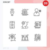 User Interface Pack of 9 Basic Outlines of business brain controls play phone Editable Vector Design Elements