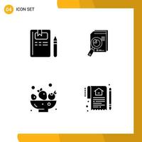 Modern Set of 4 Solid Glyphs Pictograph of book data pencil analytic berries Editable Vector Design Elements