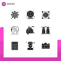Pack of 9 Modern Solid Glyphs Signs and Symbols for Web Print Media such as trailer camping globe camp printing Editable Vector Design Elements