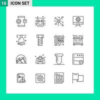 Modern Set of 16 Outlines and symbols such as bell setting spider computer share Editable Vector Design Elements