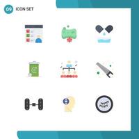 Mobile Interface Flat Color Set of 9 Pictograms of network recycilben spa energy bin Editable Vector Design Elements