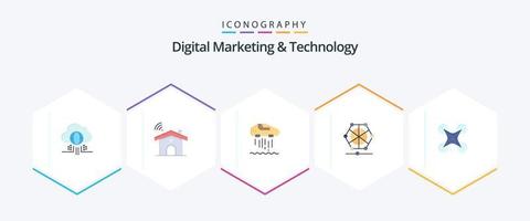 marketing digital y tecnología 25 paquete de iconos planos que incluye drones. datos. auto flotante. idioma. máquina vector