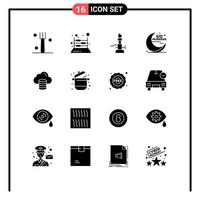 Universal Icon Symbols Group of 16 Modern Solid Glyphs of muslim moon fire mubarak torch Editable Vector Design Elements