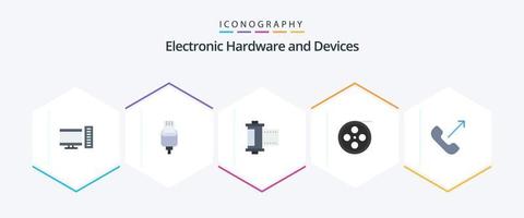 paquete de iconos planos de 25 dispositivos que incluye entrantes. video. cámara. rollo. cámara vector