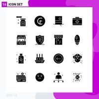 16 Universal Solid Glyphs Set for Web and Mobile Applications play fun hat ticket office healthcare Editable Vector Design Elements