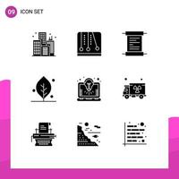 Pack of 9 Modern Solid Glyphs Signs and Symbols for Web Print Media such as solution idea receipt bulb nature Editable Vector Design Elements