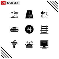 Solid Glyph Pack of 9 Universal Symbols of chair naira cable money panzer Editable Vector Design Elements