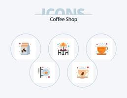 diseño de iconos de paquete de 5 iconos planos de cafetería. sombrilla. mueble. lámina. café. frijol vector