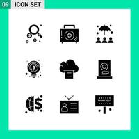 Solid Glyph Pack of 9 Universal Symbols of print cloud insurance money business Editable Vector Design Elements