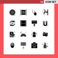 grupo universal de símbolos de iconos de 16 glifos sólidos modernos de gestos de baño multimedia de baño de grifo elementos de diseño vectorial editables vector