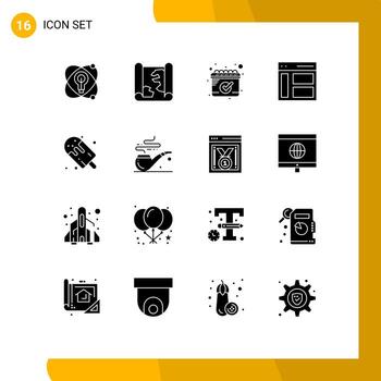 conjunto moderno de 16 glifos y símbolos sólidos, como elementos de diseño vectorial editables de interfaz de barra lateral de calendario de usuario de postre vector