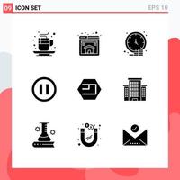 Modern Set of 9 Solid Glyphs Pictograph of coin pause business music time Editable Vector Design Elements