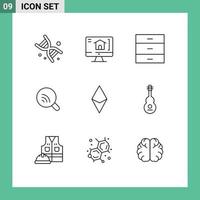 Group of 9 Outlines Signs and Symbols for currency bill drawer signal research Editable Vector Design Elements