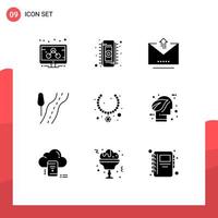 Modern Set of 9 Solid Glyphs Pictograph of gift necklace letter jewel route Editable Vector Design Elements