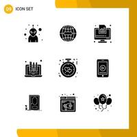 Pack of 9 Modern Solid Glyphs Signs and Symbols for Web Print Media such as clock laptop diagram drawing design Editable Vector Design Elements